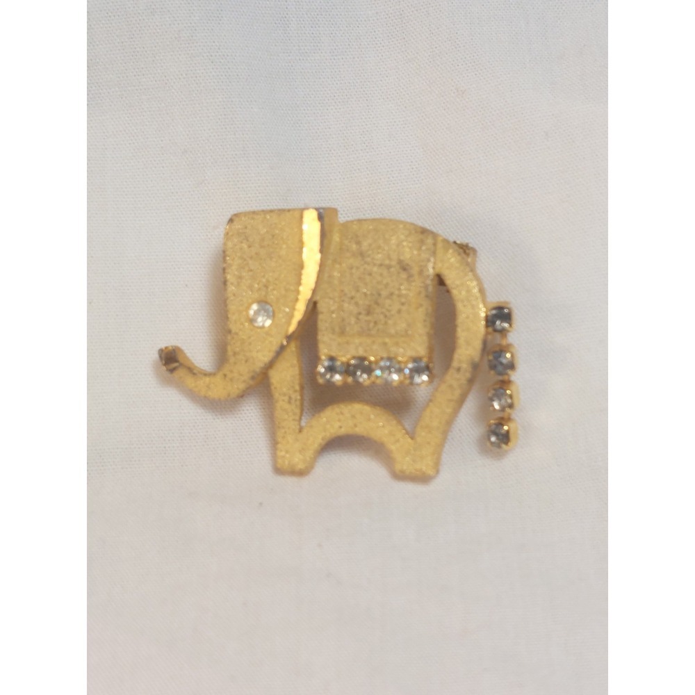 Elephant Brooch Pin Lucky Animal Figural Costume Vintage Gold Tone Rhinestone - Picture 3 of 8